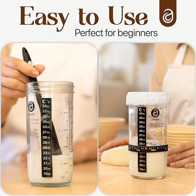 Sourdough Starter Kit, Includes 24 oz Sourdough Starter Jar with Metallic Lid, Silicone Spatula, Feeding Tracker, Extra Thermometer Strips & Breathable Covers - Sourdough Bread Starter Kit
