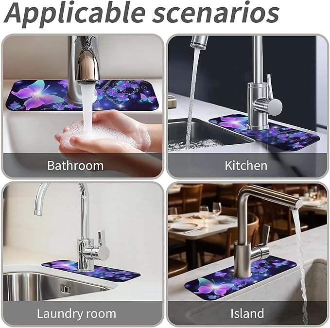 Kitchen Sink Splash Guard,Neon Butterfly Faucet Mat Sink Gadgets-Super Absorbent Fast Drying Mat Drip Catcher for Kitchen, Bathroom,Sink Mat, Dish Drying Mat, Bathroom(15" X 5.5" )