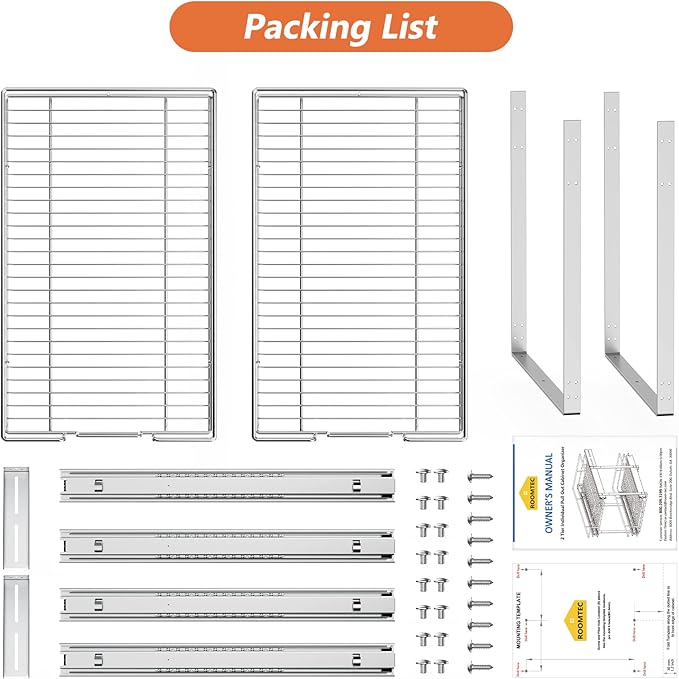 ROOMTEC Individual Pull Out Cabinet Organizer (11" W x 21" D), 2 Tier Spice Rack Organizer for Cabinet, Slide Out Drawer Pantry Shelf Organization and Storage for Kitchen Bathroom