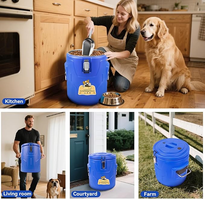 Newget 20lb Dog Food Storage Container, Stainless Steel Airtight Pet Food Storage Container and Durable Plastic Food Container, Large Metal Cat Food Container with Lid and Scoop to Keep Fresh