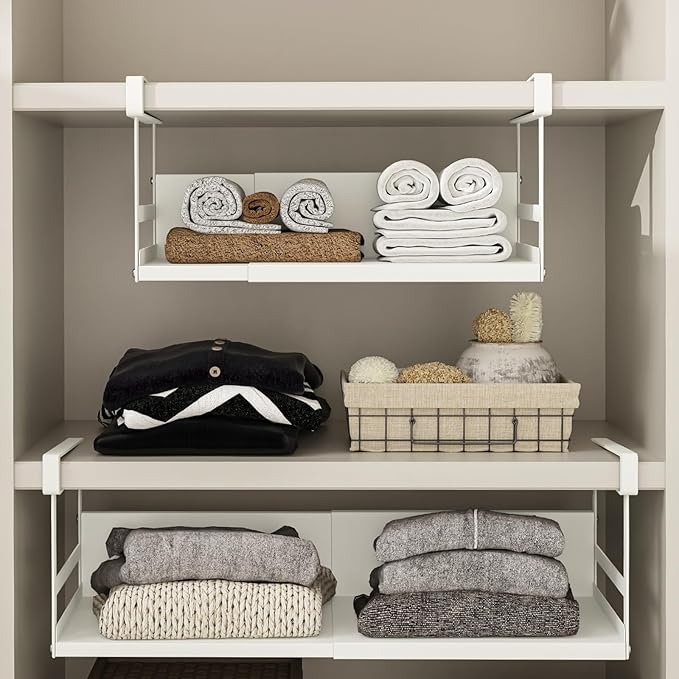Expandable Under Cabinet Shelf Organizer with 1.25 Inches Thick Clips, Heavy Duty Extendable Under Shelf Storage Basket for Pantry or Laundry Room, White, 1 Pack, Interior: 5.7" H x 8.54" D