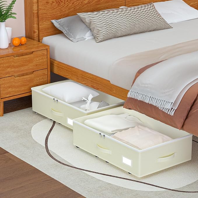 Under Bed Storage with Wheels, No Assemble Required 7.5 inches height Under Bed Storage bins,Large capacity Rolling Underbed Shoe Storage containers,dorm underbed storage drawers