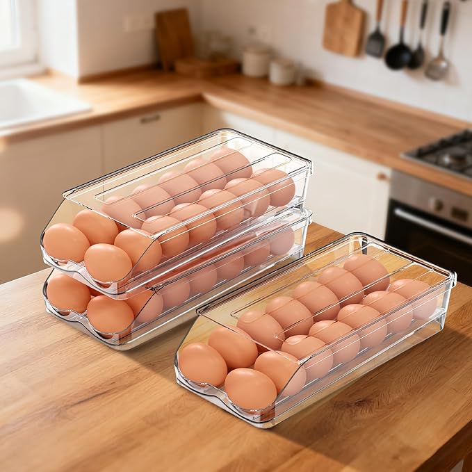 Egg Holder for Fridge,Automatic Rolling Egg Container for Refrigerator,Clear Stackable Egg Organizer with Removable Lid for Fridge Organizers and Storage,1 pack