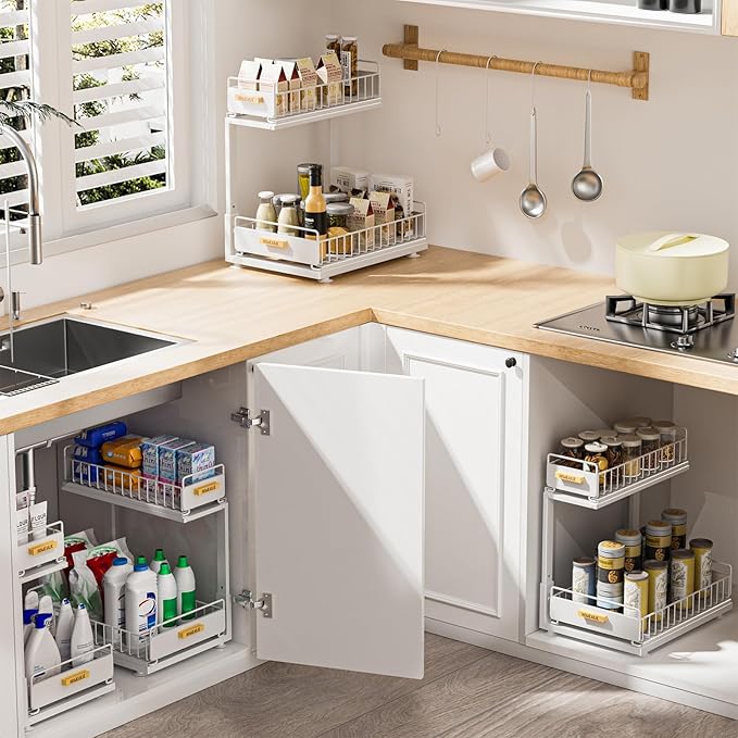 HOMEAILIE Under Sink Organizer, High Adjustable 2 Tier Under Kitchen Sink Organizer, Multi-Purpose Storage Shelf for Kitchen Bathroom Cabinet, White
