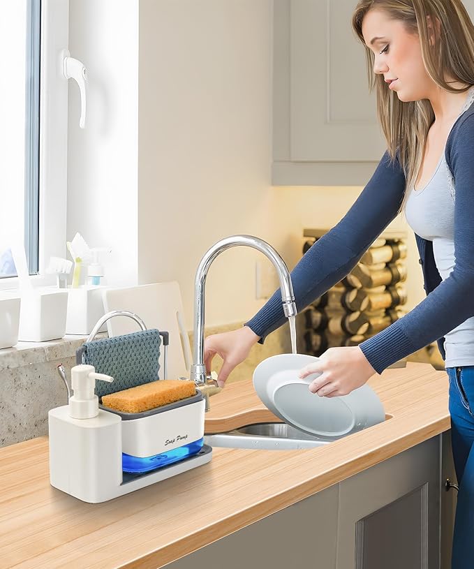 Hand and Dish Soap Dispenser Set with Tray, Dual Soap Dispenser with Sponge Holder and Dishcloth Holder 5-in-1 Organizer for Kitchen Sink Countertop Storage Organize - Useful Kitchen Gadgets (White)