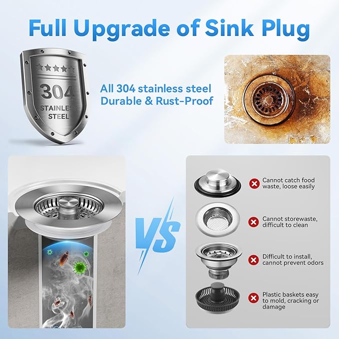 1S-Install Upgraded Kitchen Sink Strainer & Stopper – Pop-Up Fast Drain, Anti-Clog Basket & Deodorizing Cover – Fits US Standard 3.5 in Drain, 3 in 1 Stainless Steel Sink Drain Strainer