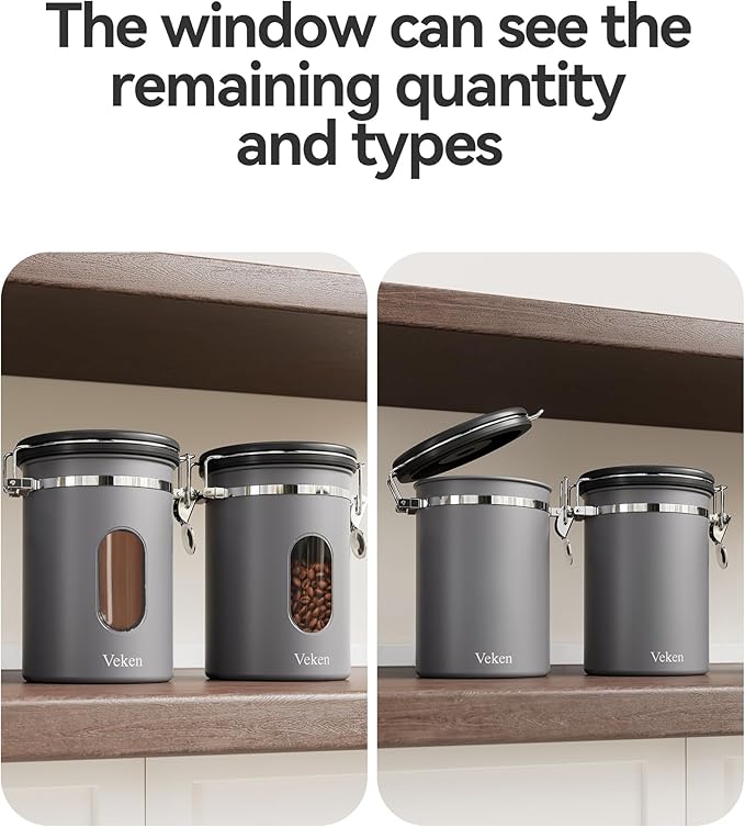 Veken Coffee Canister with Window,Airtight Stainless Steel Kitchen Food Storage Container, Date Tracker & Scoop for Grounds Coffee, Beans, Tea, Flour, Cereal,Sugar,22OZ,Grey
