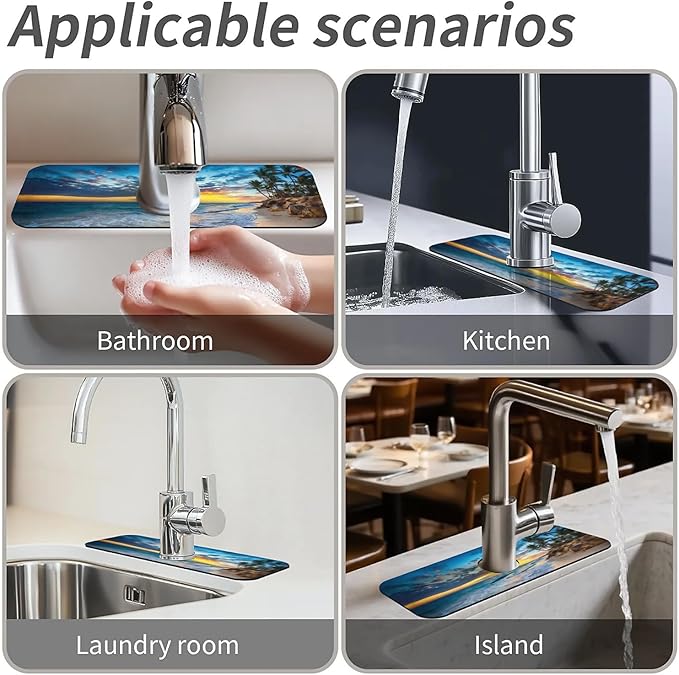 Kitchen Sink Splash Guard,Sunrise over the beach Faucet Mat Sink Gadgets-Super Absorbent Fast Drying Mat Drip Catcher for Kitchen, Bathroom,Sink Mat, Dish Drying Mat, Bathroom(15" X 5.5" )
