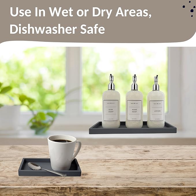 Spacewiser Countertop and Vanity Tray - 2 PC (11” and 7”) Shatterproof Silicone Kitchen and Bathroom Trays for Counter, Kitchen Soap Dispenser Tray, Vanity Trays for Bathroom, Perfume Key Tray