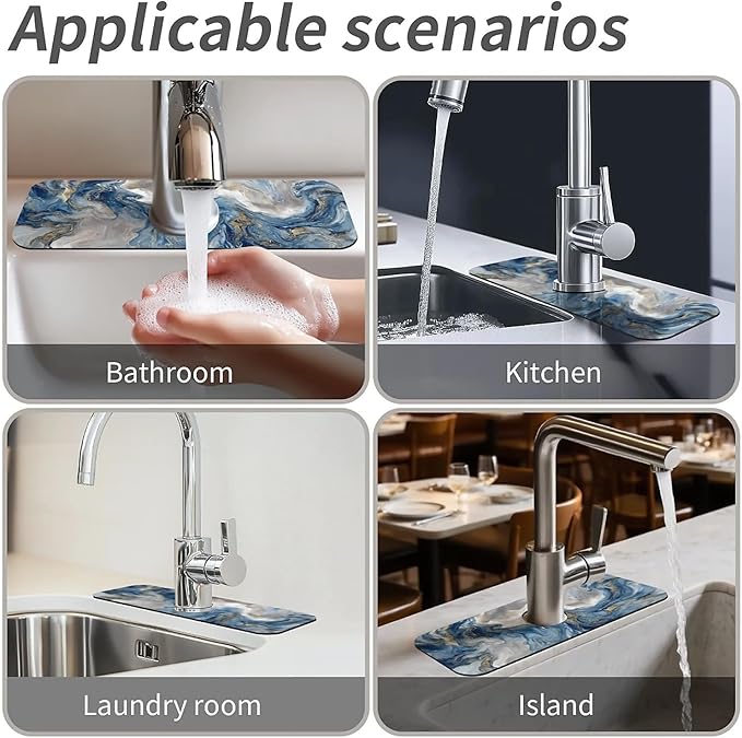 Kitchen Sink Splash Guard,Abstract blue white marble Faucet Mat Sink Gadgets-Super Absorbent Fast Drying Mat Drip Catcher for Kitchen, Bathroom,Sink Mat, Dish Drying Mat, Bathroom(15" X 5.5" )