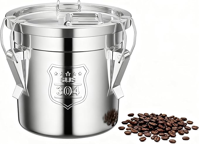 1.6Gal/6L Stainless Steel Airtight Canister, Airtight Food Storage Container with Lid and Lock Clips, 304 Stainless Steel Canister for Rice, Flour, Grain, Coffee Bean