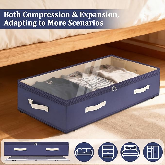Dolicer 2 Pack Under Bed Storage with Wheels, 6in-10in Height Adjustable Underbed Storage Containers, 92L XXXL Under Bed Drawers Rolling Bin with Clear Lids for Dorm Shoes Clothes Organizers(Blue)