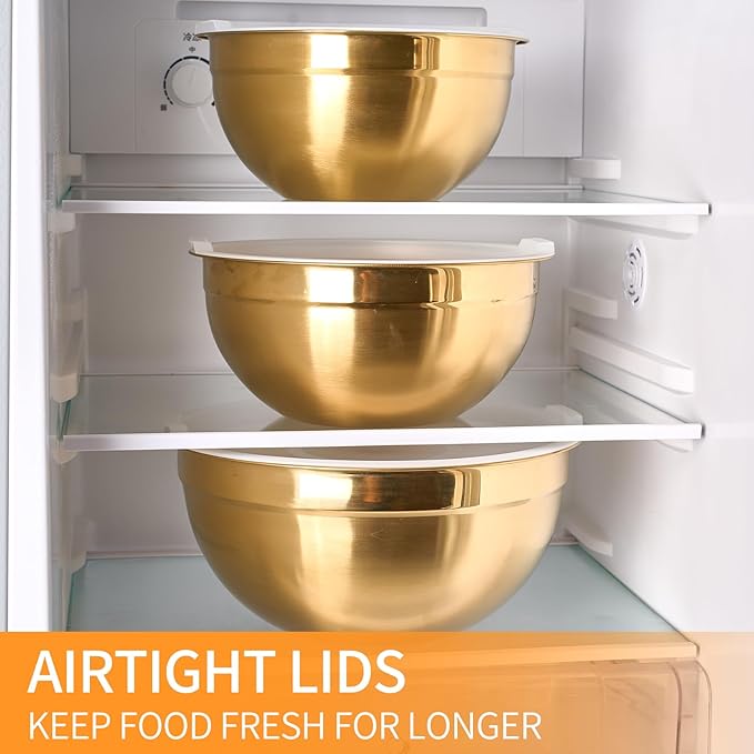 Moxinox Gold Mixing Bowls with Airtight Lids, Stainless Steel Nesting Mixing Bowls Set of 5, Ideal for Baking, Prepping and Serving Food, Size 5.5, 3.6, 2.7, 2.1, 1.5, QT, Stackable Design