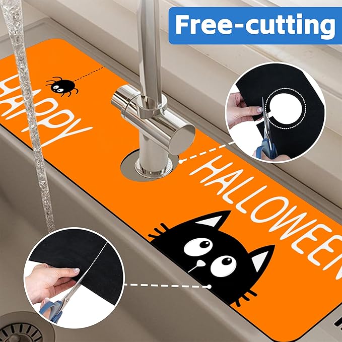 Halloween Cute Black Cat Kitchen Sink Splash Guard Mat Absorbent Fast Drying Mat Faucet Draining Mat Sink Splash Guard Behind Faucet Drip Catcher for Kitchen Bathroom 5.5"×24"
