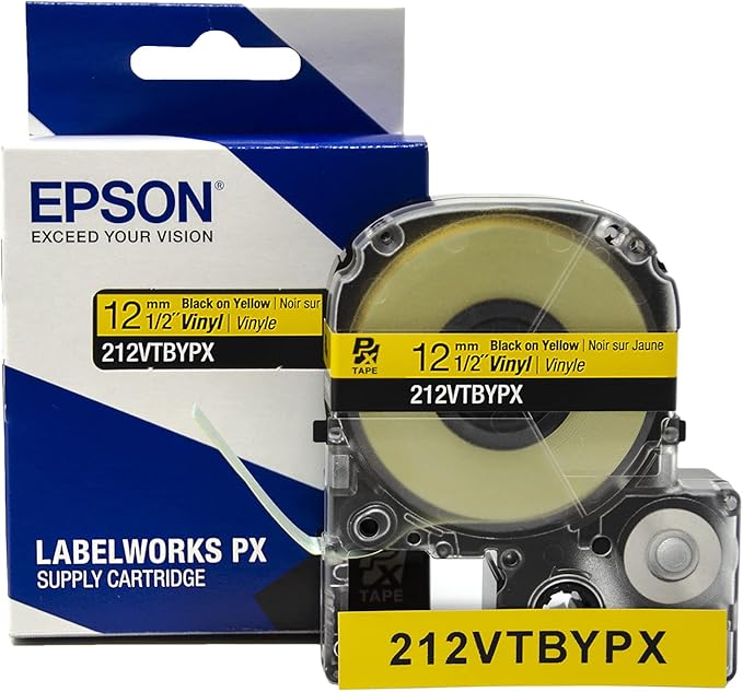 LABELWORKS 212VTBYPX Tape Cartridge - Black on Yellow Flexible and Durable Vinyl Industrial Label Maker Tape - 1/2" (12MM) Wide, 22.9 ft