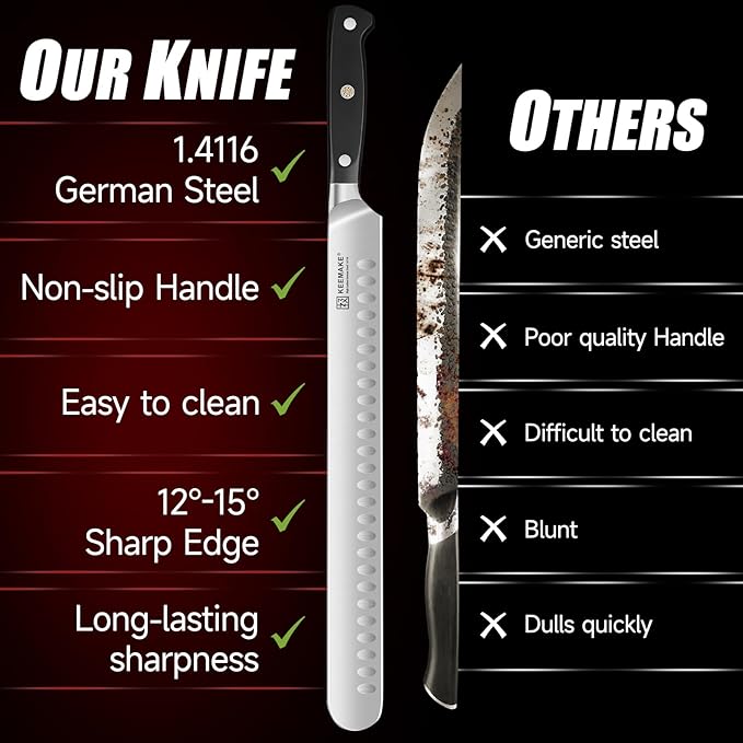 KEEMAKE Brisket Knife, 12 Inch Carving Knife, Razor Sharp German Steel Slicing Knives for Meat with Ergonomic Handle for Meat Cutting, Roasts, BBQ, Turkey