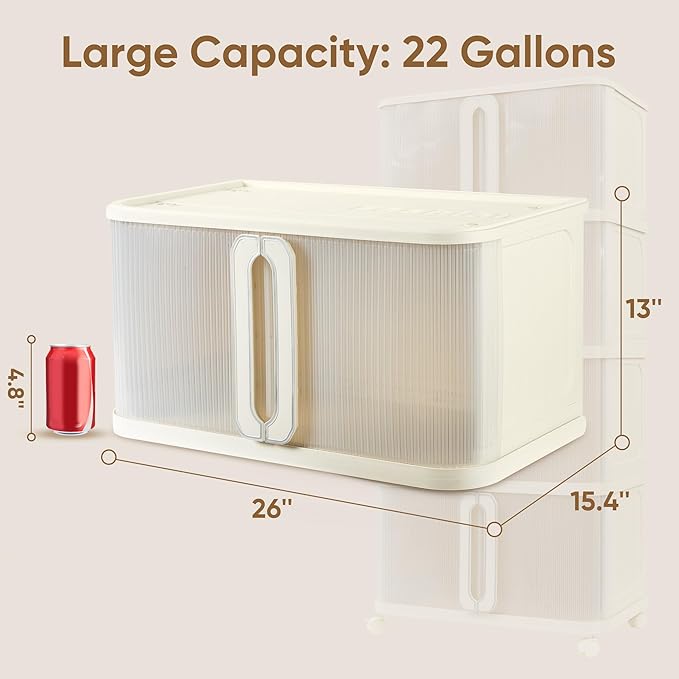 VUSIGN 360 QT Stackable Storage Bins with Lid, Folding Storage box with Wheels, Collapsible Plastic Storage Bins for Closets, Stackable Storage Organizer, Storage Containers, 4Pack, White