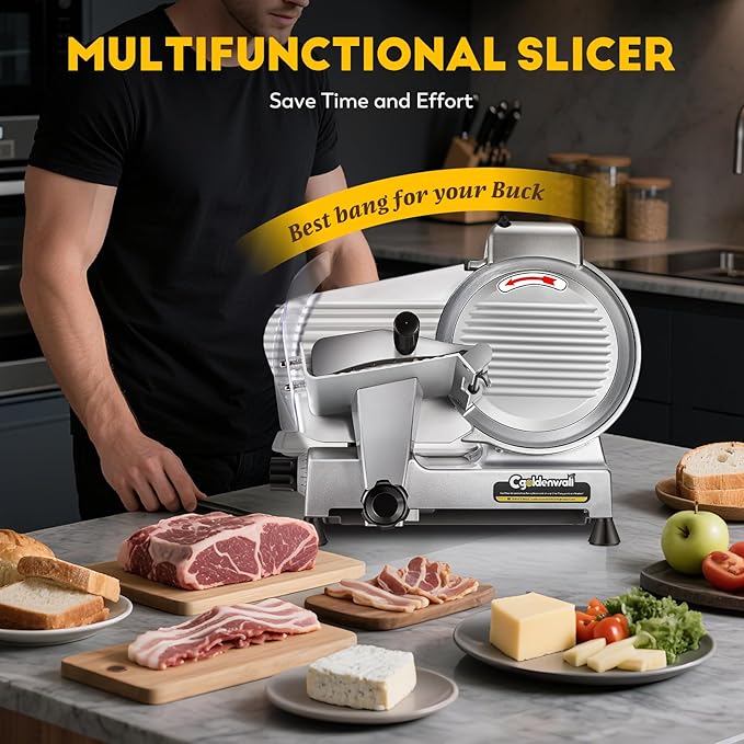 CGOLDENWALL Meat Slicer Machine with Teflon Non-stick Blade 240W Electric Meat Slicer for Frozen Meat/Deli Meat/Cheese/Food Slicer, Low Noises Commercial and Home Use