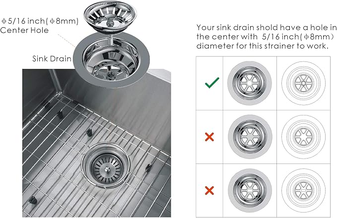 KANARY Kitchen Sink Basket Strainer Replacement for Standard Drains (3-1/2 Inch) Stainless Steel Body with Rubber Stopper (Pack of 2, Stianless Steel)