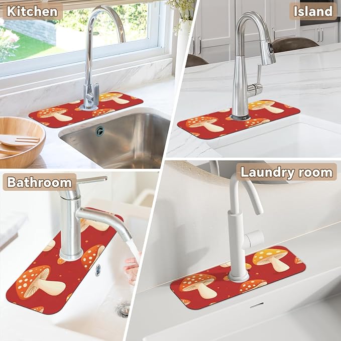 1 PC 15.4*5.7 Inch Absorbent Faucet Mat for Kitchen Sink Diatom Mud Tailored Sink Splash Guard for Bathroom Kitchen Red Mushroom