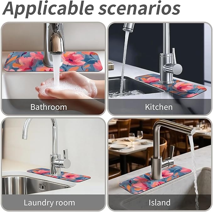Kitchen Sink Splash Guard,Coral-colored flowers Faucet Mat Sink Gadgets-Super Absorbent Fast Drying Mat Drip Catcher for Kitchen, Bathroom,Sink Mat, Dish Drying Mat, Bathroom(15" X 5.5" )