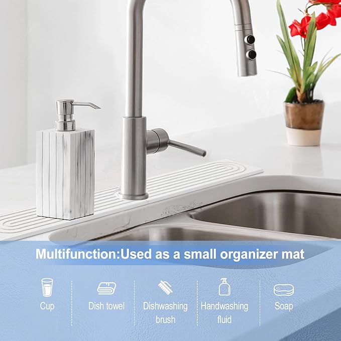 Stone Faucet Mat for Kitchen Sink- 23.6''x 3.9''Diatomite Fast-Drying Faucet Mat, Super Water Absorbing Stone Tray for Sink,Faucet Splash Guard for Bathroom Counter (White)