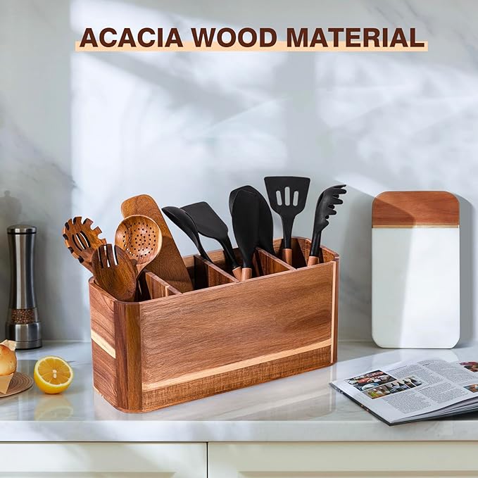 Utensil holder for Kitchen Counter - Large Kitchen Utensil Holder Organizer for Counter or Countertop, Large Wooden Utensil Holder with 4 Compartment(Acacia Wood)