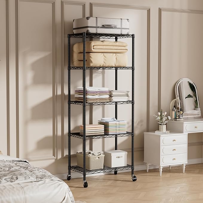 SINGAYE 5 Shelf Storage Wire Shelves Closet Bathroom Organizers Metal Pantry Kitchen Garage Shelving Unit Laundry Room Organization Home Narrow Rack Net Basket with Wheels White