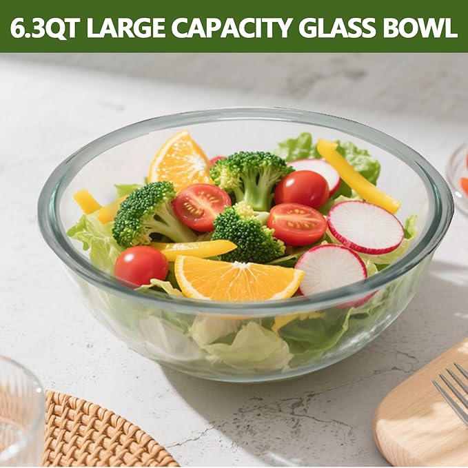 CD HOME Large Glass Mixing Bowl with Lid,6.3 Quart Thickened Bowl Edges Clear Glass Salad Cooking Bowls for Sourdough, Salad and Storage Prepping