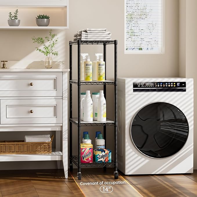 4 Tier Shelves Storage Shelf Wire Closet Bathroom Organizers Metal Pantry Kitchen Garage Shelving Unit Laundry Room Organization Home Rack Net Basket Black with Wheels 14”D X 24”W X 48.9”H
