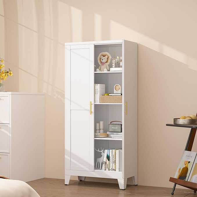 erosoei Metal Pantry Storage Cabinet, Kitchen Storage Cabinets with Adjustable Feet and Shelves, Metal Pantry Cabinet for Kitchen, Living Room, Laundry Room and Dinning Room (2door-White)