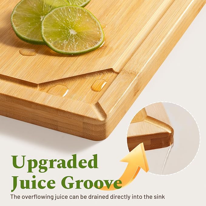 Kikcoin Bamboo Cutting Boards for Kitchen, 3 Piece Wood Cutting Board Set with Stand and Non-slip Feet, Knife Friendly Chopping Board with Juice Grooves, Serving Tray with Built-in Handles