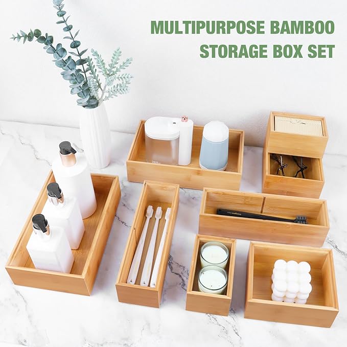 Bxngjuj Bamboo Drawer Organizer Set, 8 PCS Multi-Use Wood Drawer Storage Boxes, Junk Drawer Organizer Divider Bins for Kitchen, Bathroom, Office Desk, Makeup, Jewelry, Utensils