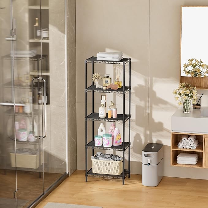 SINGAYE Metal Shelves Wire Shelving:Storage Rack Standing Units Shelf for Kitchen Laundry Bathroom Closet Organizers Pantry Narrow Mesh Adjustable 10" D x 16" W x 55" H Black | Shelf, Adjustable, Rack, for Kitchen, for Closet, for Laundry