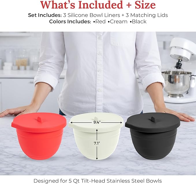 Cavelle Set Of 3 Silicone Mixing Bowl Liners With Lids | Silicone Liners For KitchenAid Mixer - For Tilt Head Mixers And 5qt Stainless Steel Bowls