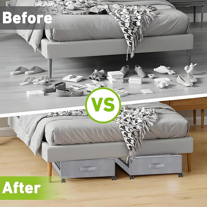 Under Bed Storage with Wheels,2 Pack Rolling Under Bed Storage Bins with Clear Lids and Handles,Underbed Shoe Storage Organizer,UnderBed Storage Containers for Clothes (Rectangular,Gray)