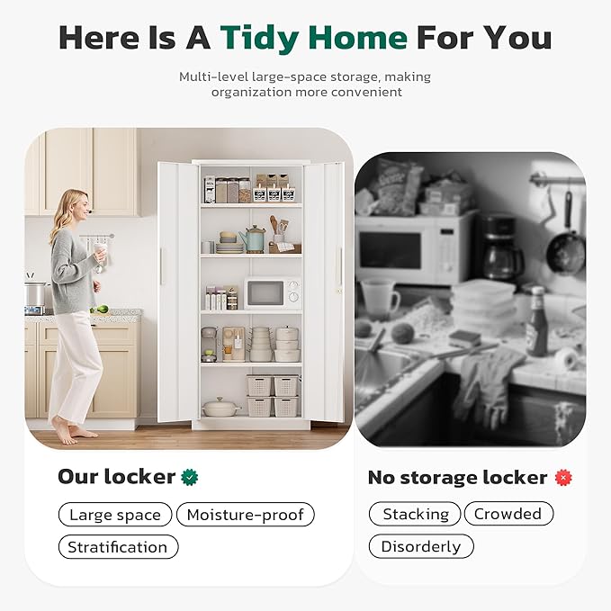 Greenvelly Metal Cabinet, 63”Tall Kitchen Pantry Storage Cabinets with 2 Lock Doors and 4 Adjustable Shelves,White Kitchen Cabinet Storage for Dinning Room,Garage,Office