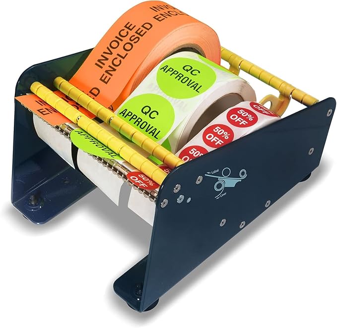 MDJ by Excell Manual Metal Label Sticker Dispenser with 4 Suction Cups Base for Tabletop, Adjustable Holder for Multiple Rolls for Office, Home, Warehouse, Easy Peel Off, Fits up to 6.5" Wide Labels