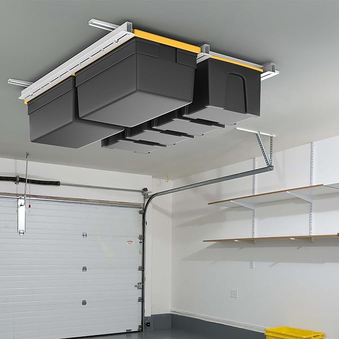 WALMANN Overhead Tote Storage Rail System, Garage Ceiling Bin Storage Rack Heavy Duty Adjustable Tote Slide Rails(White, Bins not Included)