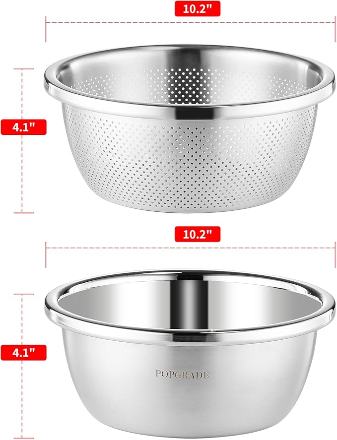 POPGRADE 304 Stainless Steel Colander 4QT Microporous Colander & Large Bowl for Kitchen,Rice Strainer with Salad Mixing Bowl for Pasta Straining,Fruit Washing,Vegetable Draining,Food Mixing(2PCs)