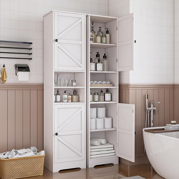 Viaozutis Tall Bathroom Storage Cabinet, Vertical Freestanding Organizer with Adjustable Shelf, Slim Design for Small Bathrooms, Towels & Toiletries Storage(White)