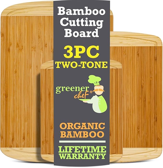 Organic Bamboo Cutting Board Set of 3 with Lifetime Replacements – Premium Extra Large Wood Cutting Boards for Kitchen with Juice Grooves for Carving & Serving, Non Toxic & Durable by Greener Chef