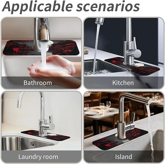 Kitchen Sink Splash Guard,Dark landscape with red Faucet Mat Sink Gadgets-Super Absorbent Fast Drying Mat Drip Catcher for Kitchen, Bathroom,Sink Mat, Dish Drying Mat, Bathroom(15" X 5.5" )