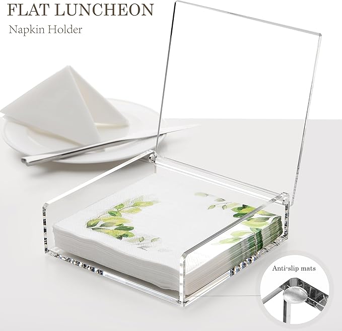 DINGHUO Flat Acrylic Napkin Holder for Table, Open Side Design Napkin Dispenser with Weighted Arm, Square Paper Holder for Restaurant, Kitchen, Bathroom, Countertop, Dinner