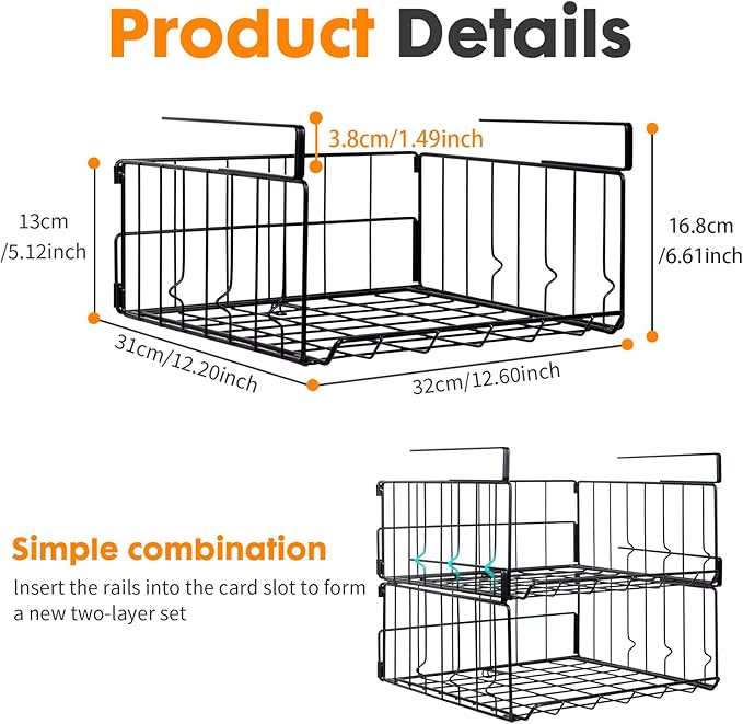 Under Shelf Basket Storage 2Pack, Steel Under Shelf Hanging Wire Baskets Shelves for Laundry Room Kitchen Desk Pantry Bookshelf (Black)