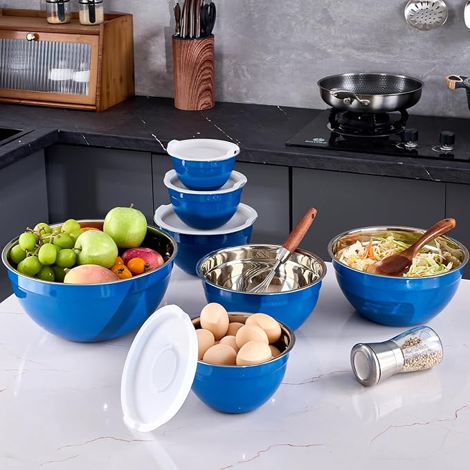 Onlycooker Blue Mixing Bowls With Airtight Lids,Stainless Steel Bowl,Salad Bowls 7 Piece Colorful Nesting Bowl Blue Kitchen Accessories,Size 7,3.6,2.7,2.1,1.5,1.1,0.8QT Stackable Design