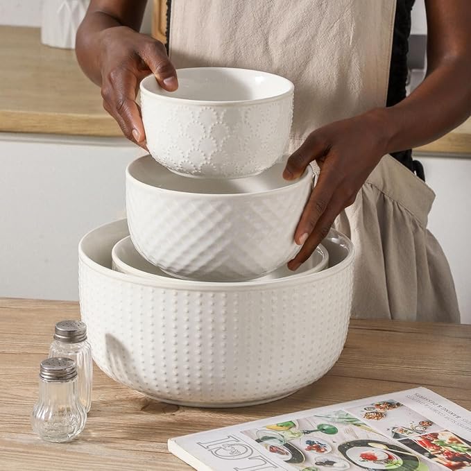 Familywood Ceramic Mixing Bowls, 27/53/84/162 oz, set of 4, Embossed large Mixing Bowl set, Serving bowls, Kitchen Dishware, Prep, Gift, Microwave and Dishwasher Safe, Modern Farmhouse Decor