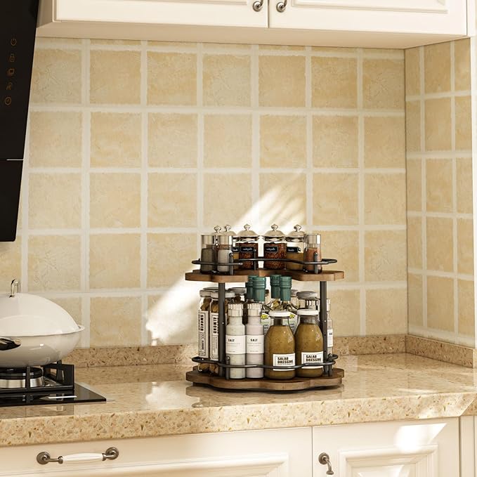 LIAISIMI 2 Tier Lazy Susan Organizer,2-Tier Spinning Spice Rack with Stable Carousel Base & 4 Height Settings for Cupboard Kitchen Countertop Dining Table Cupboard (Petal Shape)