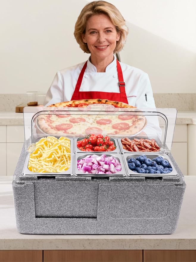 Lanstics Pizza Topping Station 7 Pans Salad Bar Buffet Station Insulated Cold Food Buffet Server with Ice Packs Lids Buffet Containers Set Platter Box for Party Buffet Keeping Food Cold