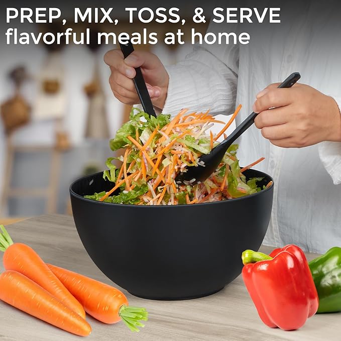 ECOHAGOU 10" Large Salad Serving Bowl with Utensils in Lid, Bamboo Fiber Salad Bowl with Lid, Mixing Bowl with Servers set for Pasta,Fruit,Veggies,Popcorn to Replace Wooden Bowls - Matte Black